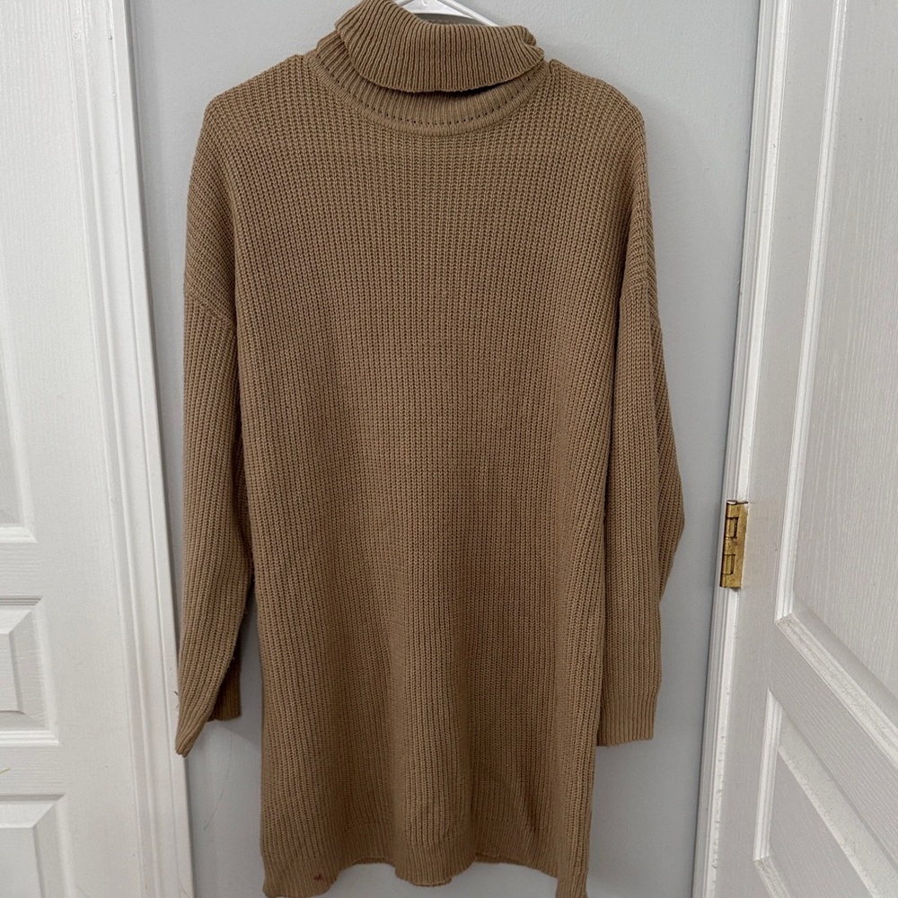 Cozy Tan Turtleneck Sweater Dress